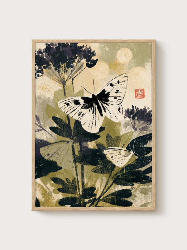Japanese Butterfly Art Print poster in oak frame