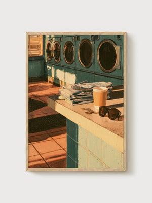 Retro Laundromat Poster poster in oak frame