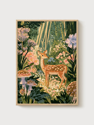 Deer Painting Forest Wall Art poster in oak frame