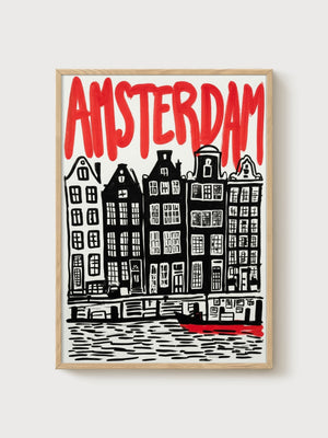 Amsterdam Travel Poster poster in oak frame
