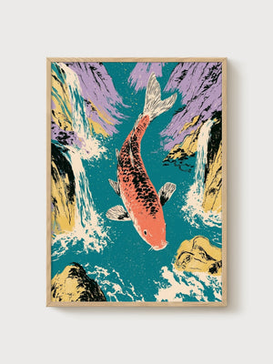 Koi Fish Wall Art poster in oak frame