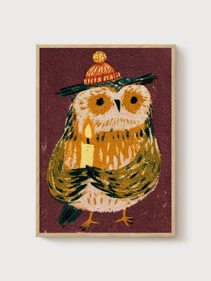 Whimsical Owl Wall Art poster in oak frame