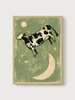 Cow Jumping Over the Moon Print poster in oak frame