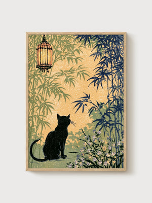 Black Cat Art Print poster in oak frame