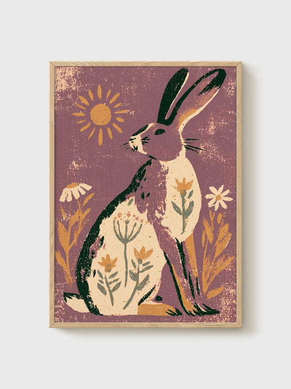 Rabbit Wall Art poster in oak frame