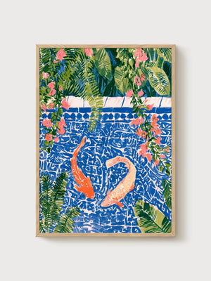 Koi Fish Wall Art poster in oak frame