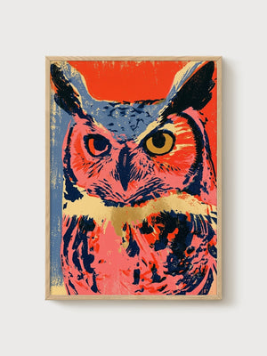 Owl Wall Art poster in oak frame