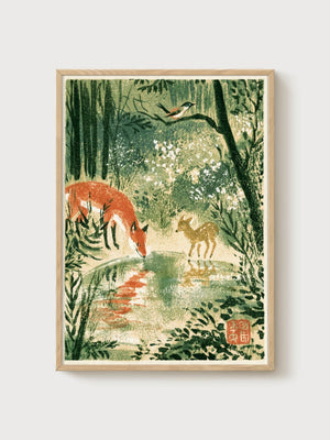 Fox and Deer Japanese Art Print poster in oak frame