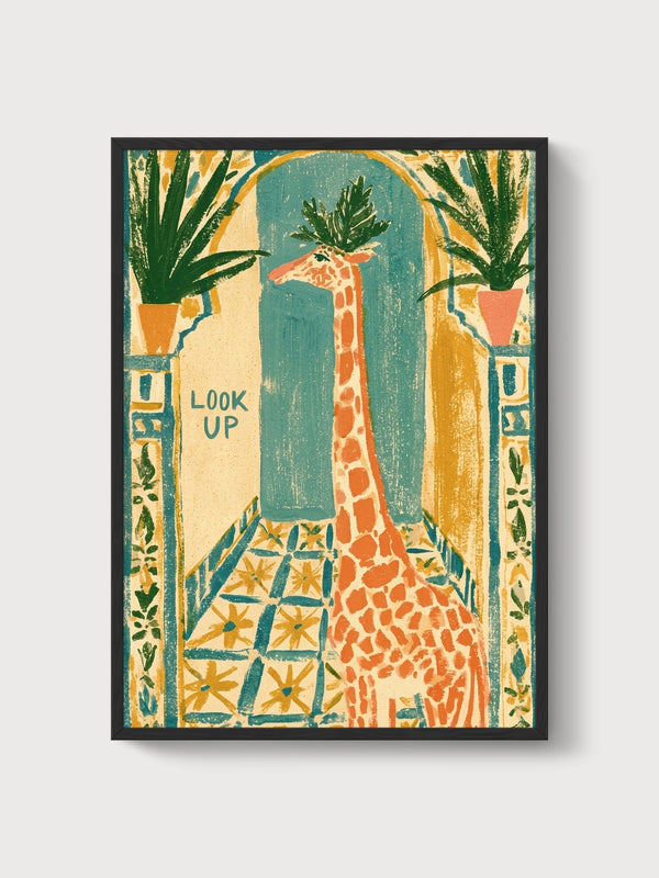 Giraffe Look Up Poster poster in black frame