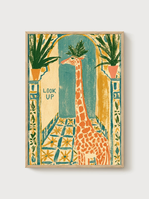 Giraffe Look Up Poster poster in oak frame