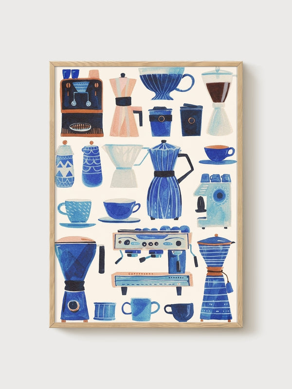 Coffee Bar Art Print poster in oak frame