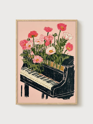 Piano Poppy Flower Print poster in oak frame