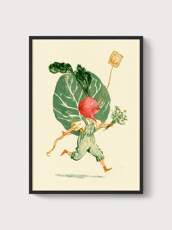 Radish Boy Folk Art Print poster in black frame