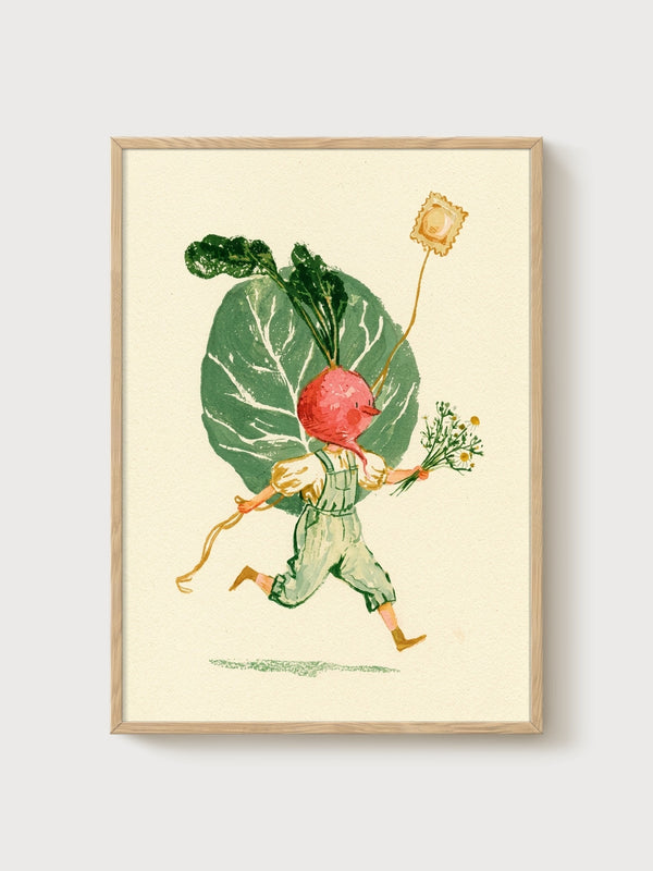 Radish Boy Folk Art Print poster in oak frame