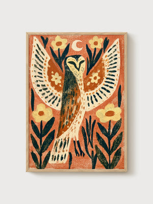 Owl Wall Art poster in oak frame