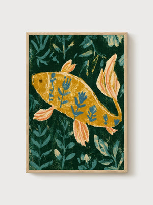 Koi Fish Wall Art poster in oak frame