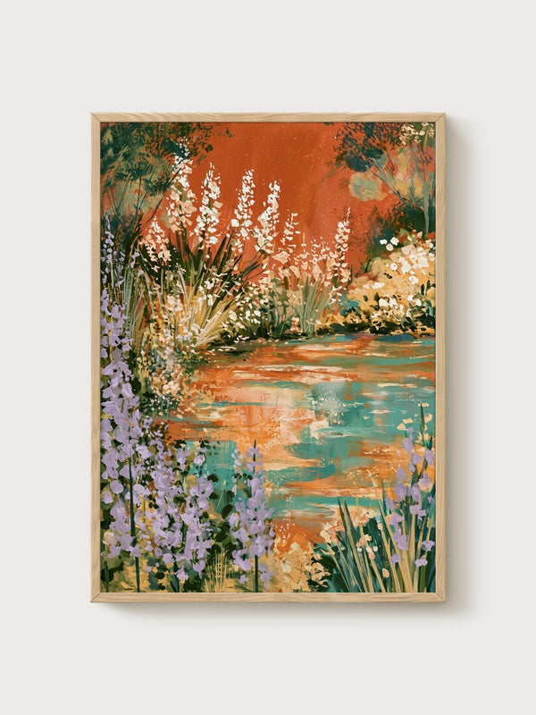 Watercolor Landscape Print poster in oak frame