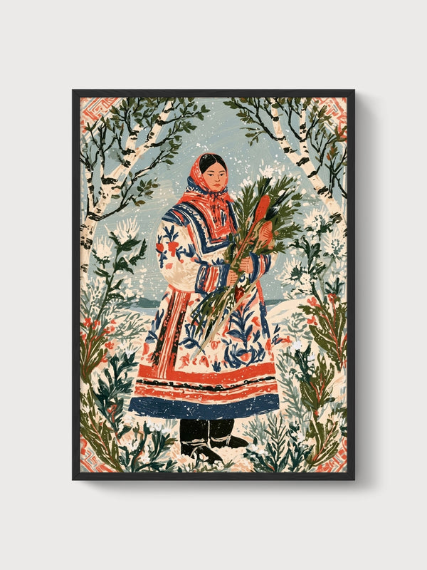 Folk Art Winter Woman Print poster in black frame
