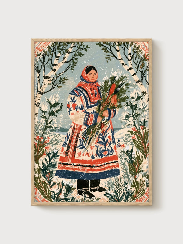 Folk Art Winter Woman Print poster in oak frame