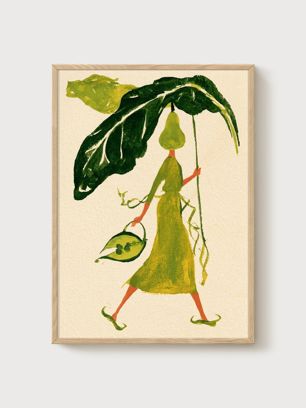 Whimsical Folk Art Pear Character Print poster in oak frame