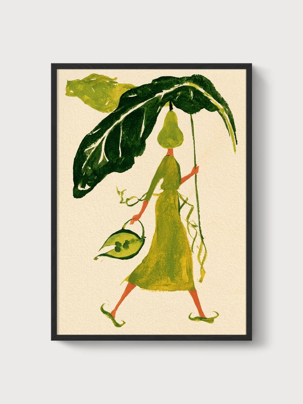 Whimsical Folk Art Pear Character Print poster in black frame