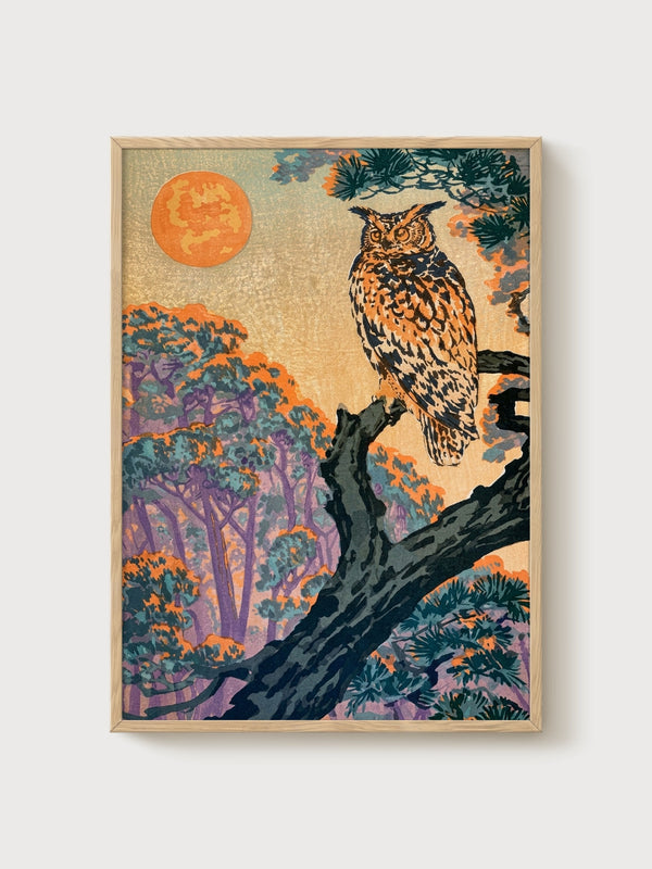 Great Horned Owl Wall Art poster in oak frame