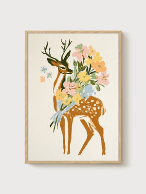 Deer Painting Print poster in oak frame