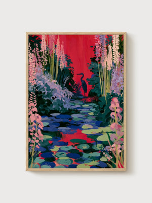Blue Heron Wall Art poster in oak frame