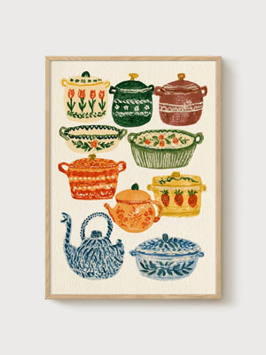 Folk Art Kitchen Print poster in oak frame