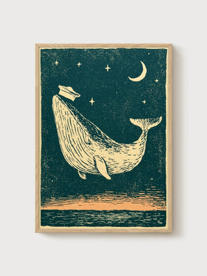 Whale Under Crescent Moon Print poster in oak frame