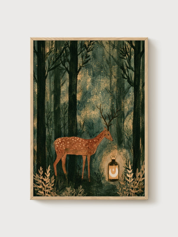 Deer Wall Art poster in oak frame