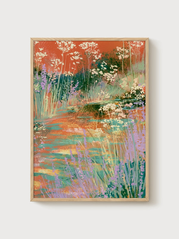 Wildflower Garden Path Print poster in oak frame