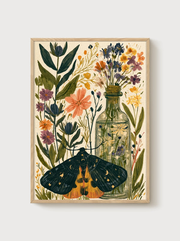 Moth and Wildflowers Watercolor Print poster in oak frame