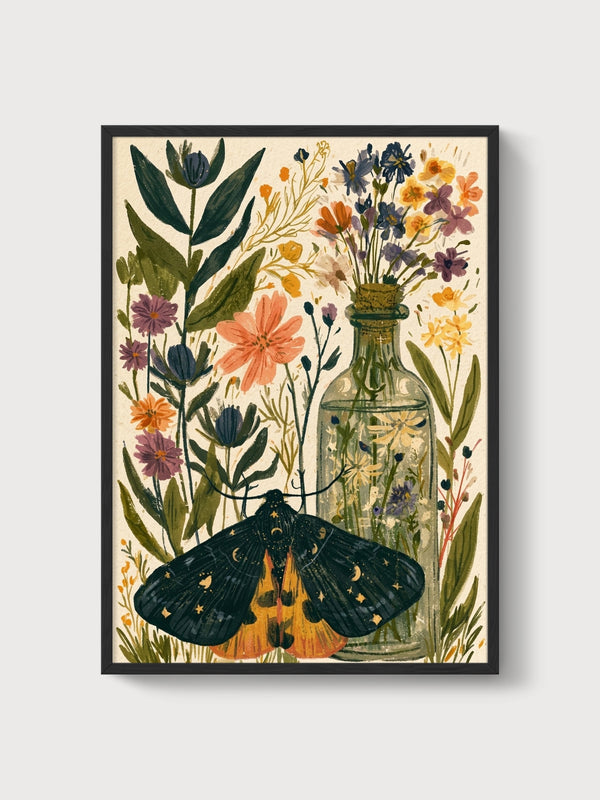 Moth and Wildflowers Watercolor Print poster in black frame
