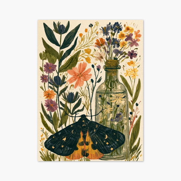Moth and Wildflowers Watercolor Print art print