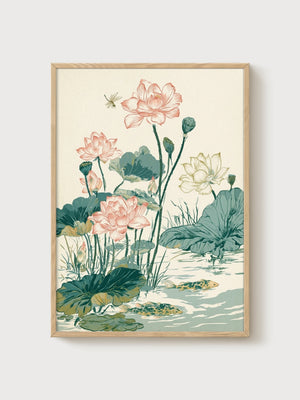 Lotus Flower Wall Art poster in oak frame