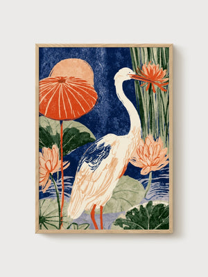 Crane Art Print poster in oak frame