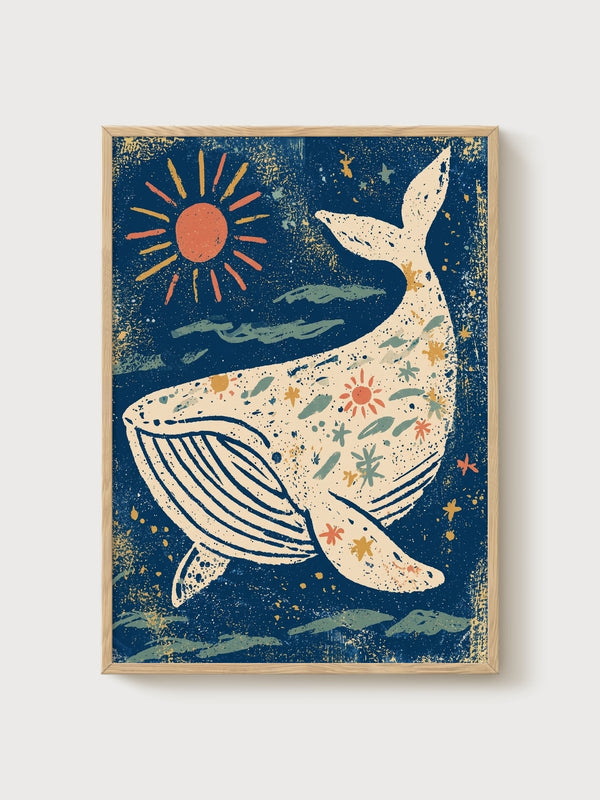 Whale Ocean Print poster in oak frame