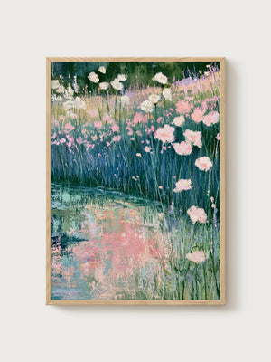 Watercolor Flowers Pond Poster poster in oak frame