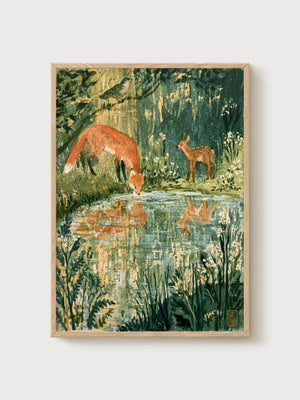 Fox and Deer Woodland Print poster in oak frame