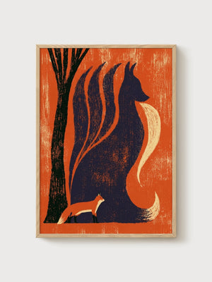 Fox Art Nouveau Print poster in oak frame