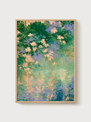 Watercolor Flowers Garden Print poster in oak frame