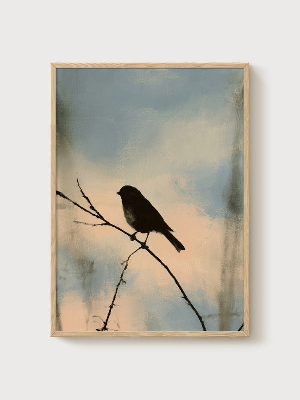 Bird Silhouette Watercolor Print poster in oak frame