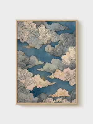 Japanese Cloud Sky Print poster in oak frame