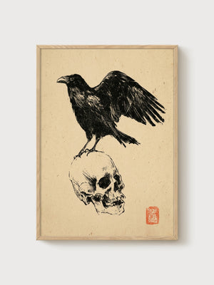 Raven and Skull Line Art Print poster in oak frame