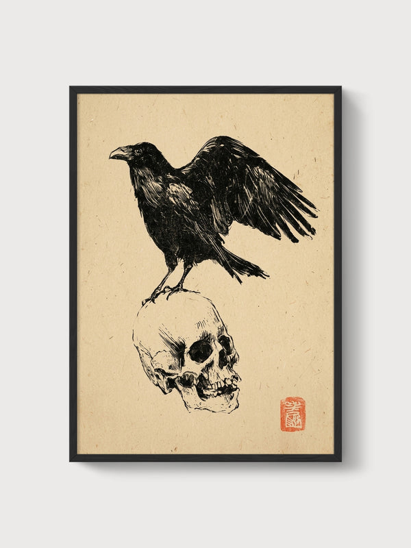 Raven and Skull Line Art Print poster in black frame