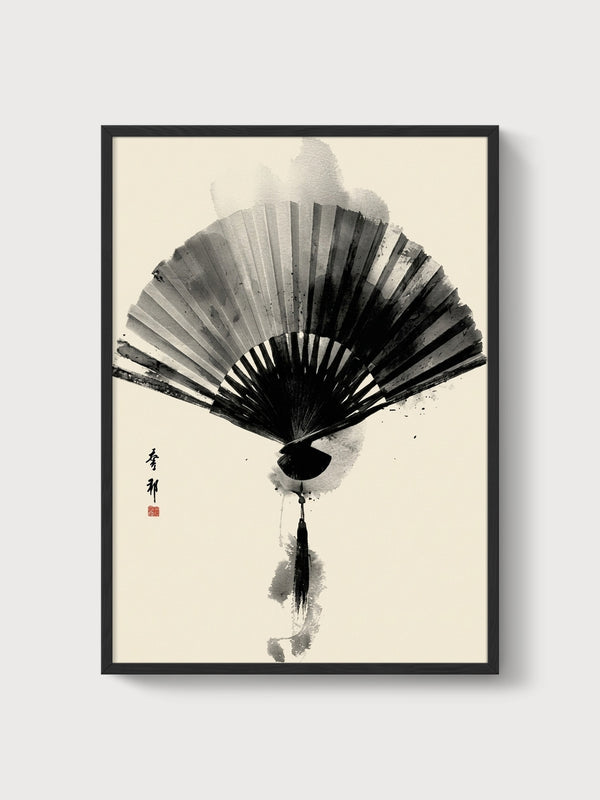 Japanese Fan Sumi-e Ink Painting Print poster in black frame