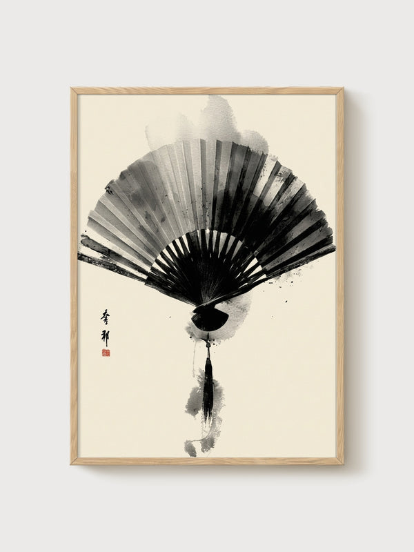 Japanese Fan Sumi-e Ink Painting Print poster in oak frame