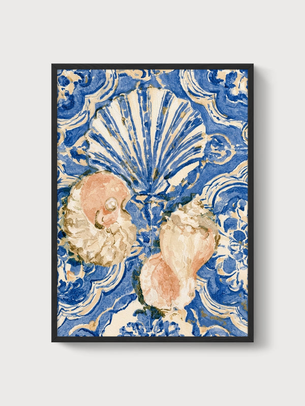Chinoiserie Wall Art Seashell Watercolor poster in black frame