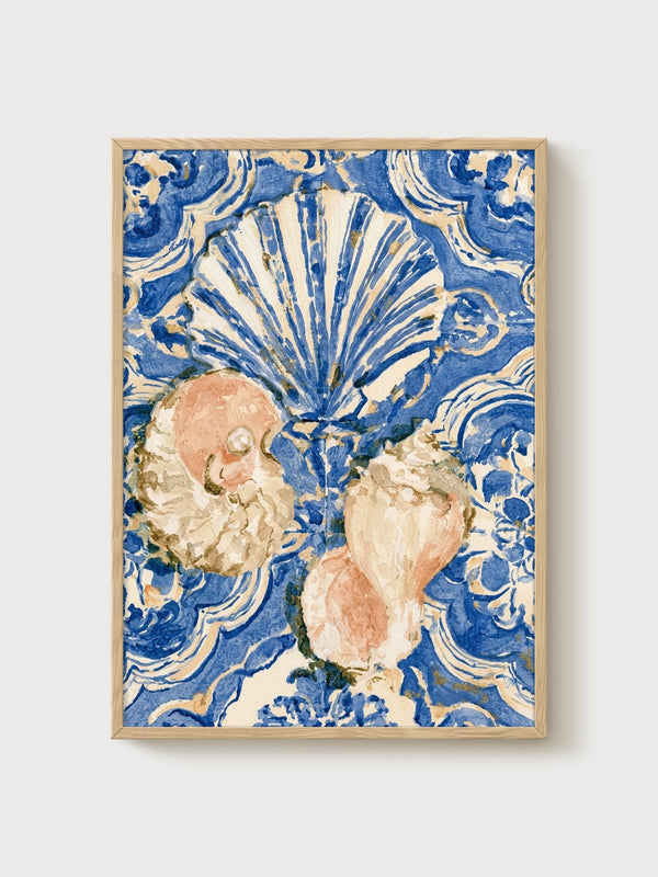 Chinoiserie Wall Art Seashell Watercolor poster in oak frame